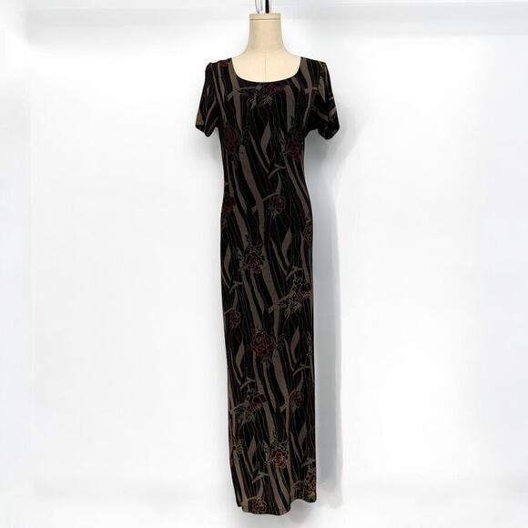 Y2K Vintage Epix Rose Print Stretch Jersey Maxi Slip Dress Madein USA Vampy Rose - Picture 1 of 8